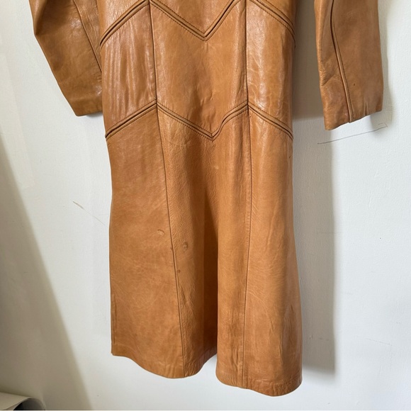 Vintage 70s Brown Leather Maxi Coat Chevron Stitching Retro Boho Womens XS - Picture 8 of 13